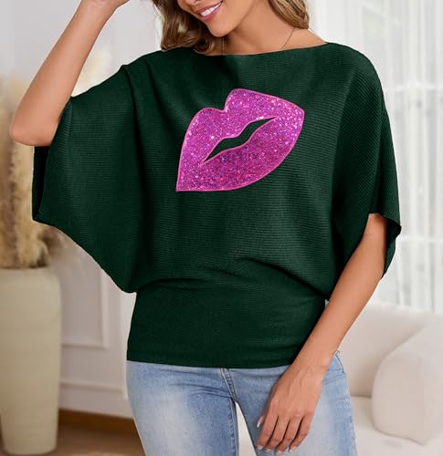 Image of PESION Women's Oversized Off The Shoulder Sweaters Loose Dolman Short Sleeves Chunky Knit Pullover Jumper Tops, Green+ Pink Lip
