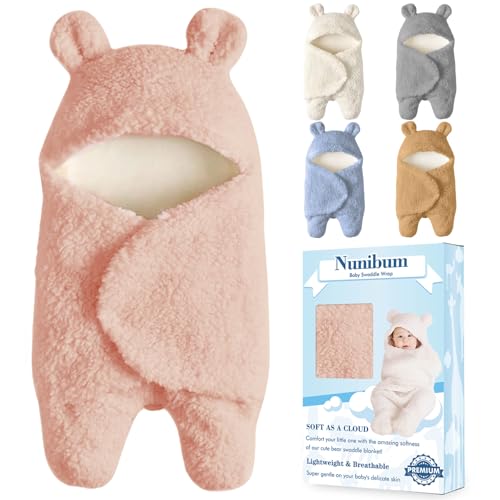 Image of Nunibum Baby Swaddle Blanket Boys Girls Cute Bear Plush Essential Receiving Blanket Ultra-Soft Newborn Registry Sleeping Wraps for Infant 0-6 Months - Pink