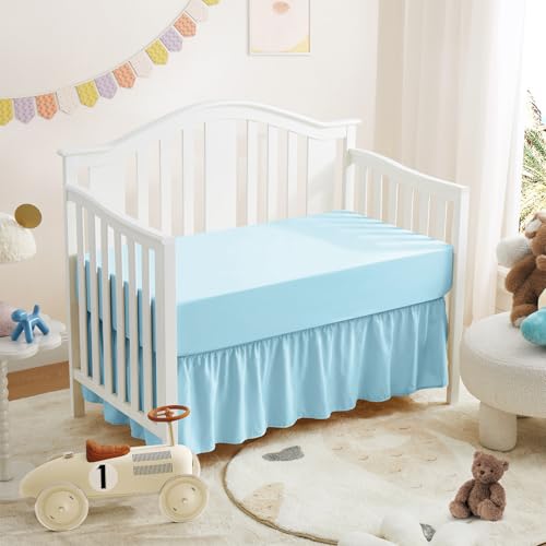 Image of Horbaunal 2 Pack Crib Skirt & Crib Bed Sheet Set, Aqua Blue Crib Bed Skirt 28 inch x 52 inch with 14 inch Drop Dust Ruffle, Soft Microfiber Toddler Bedskirt Nursery Bedding Skirt for Baby Girls and Boys
