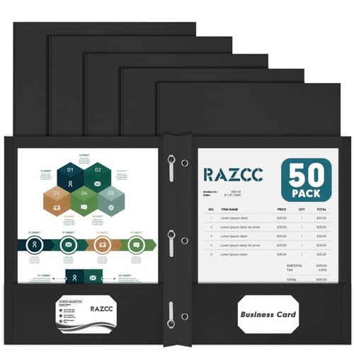 RAZCC 50 Pack Two Pocket Folders With Prongs, 3 Prong Folders Fit Letter Size Paper, File Folders for School Office Home Business, Black