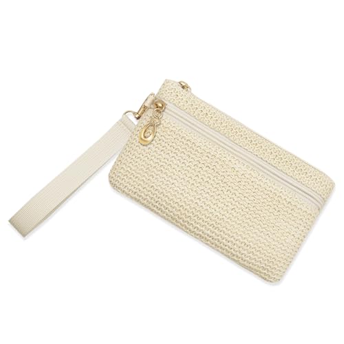 LJCZKA Pequena bolsa clutch de palha feminina bolsa de palha com zíper carteiras boêmias verão praia bolsa para celular, Bege