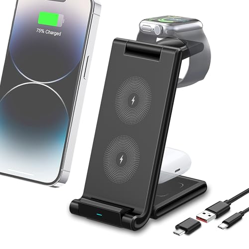 3-in-1 Wireless Charging Station, 15W Foldable Wireless Charger Stand for iPhone 16 15 14 13 12 11 Pro Max & Samsung. Charging Dock for Apple Watch & Pods 3,2 Pro (Excluding Samsung Watches)