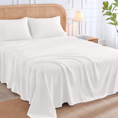 YUGYVOB Queen Bed Sheets Set- 4 Piece Soft Microfibre Sheet Set - 35cm Deep Pocket Fitted Sheet, Wrinkle Free & Cooling Bedding, Oeko-Tex Certified (White)