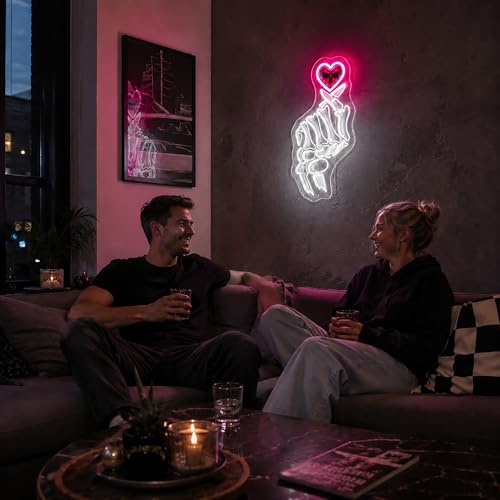 Image of White&Pink Neon Sign Led Neon Lights Signs for Wall Decor USB Powered Led Signs for Room Decoration-Skeleton Finger Heart