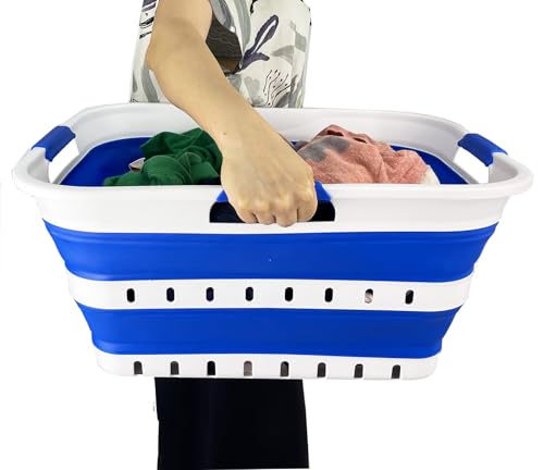 Image of SAMMART 42L (11 gallons) Set of 2 Plastic Foldable Storage Basket /Container - Collapsible, Space Saving and Portable Laundry Hamper, Ideal for Home, Travel, Dorm (2, White /Dark Blue)