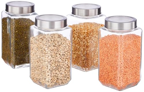 SITOVI Premium Qube Glass Jars – 4 x 1000ml Airtight Containers | Stylish, Stackable, Transparent Kitchen Storage for Dry Fruits, Pulses, Snacks