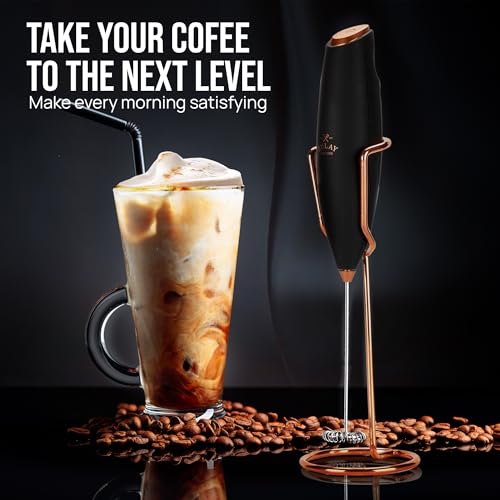 Image of Zulay Kitchen Powerful Milk Frother Wand With Duracell Batteries - Ultra Fast Handheld Drink Mixer - Electric Whisk Foam Maker for Coffee, Lattes, Cappuccino & Matcha - Z1 Motor - Exec Black Copper