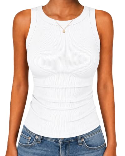GAYHAY White Tank Top Woman Womens Summer Cute High Neck Sleeveless Ribbed Shirts for Spring Casual Workout Athletic Beach Basic