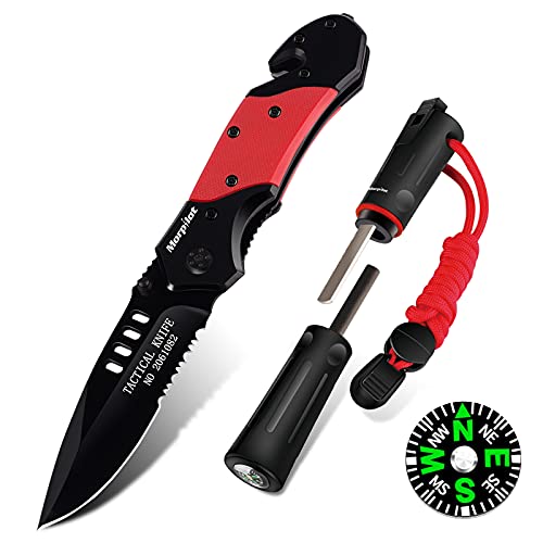Pocket Knife & Fire Starter Set, 5 in 1 Stainless Steel Camping Folding Knife Magnesium Fire Starter with Magnetic Compass & Emergency Whistle for Hunting, Outdoor Survival, Hiking, Picnic