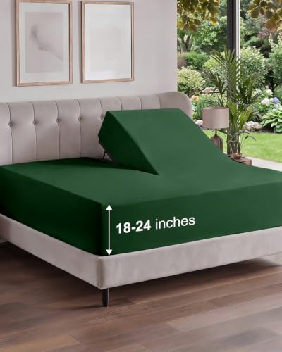 Image of Extra Deep Flex Top Split Head King Fitted Sheet - Hotel Luxury Single Fitted Sheet Only - Easily Fits 18 inch to 24 inch Mattress - Ultra Soft, Wrinkle Free w /Extra Deep Pockets - Emerald Green