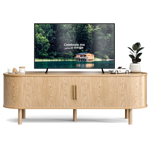 Image of ZttRiee TV Stand with Sliding Doors for TVs up to 60 inch, Modern, Natural | 55 inchW x 18.5 inchH x 15.7 inchD, 200 lbs top / 50 lbs shelf, 2 central shelves & 2 side cabinets, rounded corners, ~60 min assembly