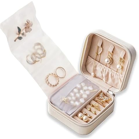 KEIGPERICompact Travel Jewelry Storage Box With 6 Antioxidant Bags Jewelry Box -Travel Jewelry Case Perfect Sweet 16 Gift Easter Basket Stuffers (White) Cover