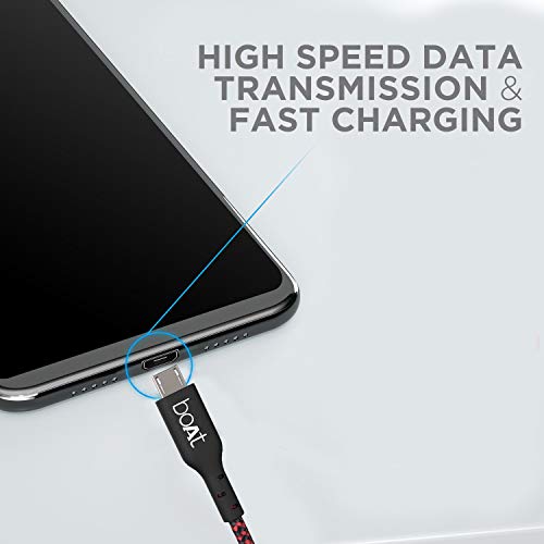 Image of boAt Micro USB 150 Tangle-Free, Sturdy Micro USB Cable with 2A Fast Charging & 480mbps Data Transmission, 10000+ Bends Lifespan & Extended 1.5m Length Black