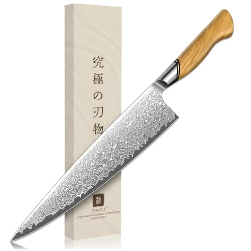 TIVOLI Japanese Gyuto Knife 10 Inch– VG-10 Damascus Chef Knife with Razor Sharp Blade and Ergonomic Olive Wood Handle, Ideal for Meat, Vegetables & Daily Cooking
