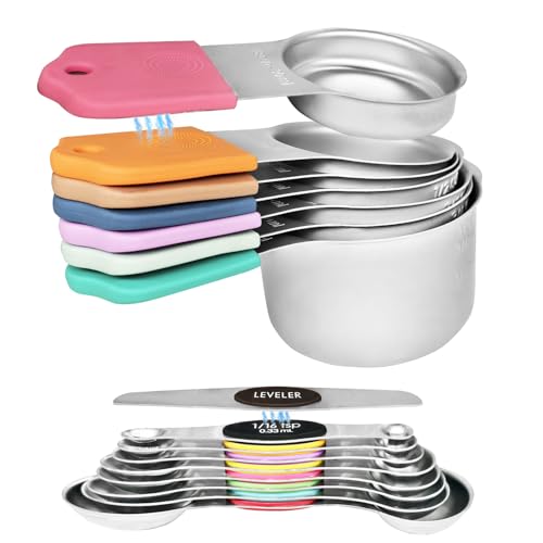Hsoigc Magnetic Measuring Cups and Spoons Set, Stainless Steel Double Measurement Markings, Strong Magnetic Nesting Design for Space Saving Storage, Dishwasher Safe(16 Piece)
