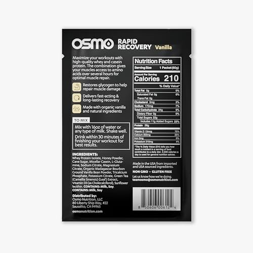 Image of Osmo Rapid Recovery - Whey & Micellar Casein Protein Powder Blend with Carbohydrates & Caffeine, All Natural Ingredients, Enables Muscle Repair & Boosts Glycogen Restoration - Combo Pack, 8 Servings