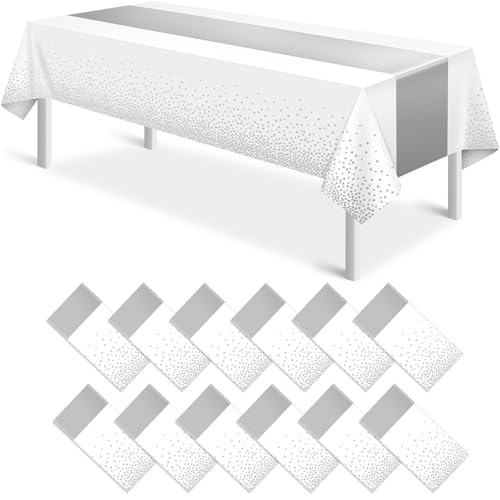 Image of MASHAN 12Pcs White Silver Tablecloth Party Decorations,Plastic White Table Cloth Printed Silver Runner Disposable Rectangle Table Cover for Birthday Wedding Anniversary Graduation Party,54 x108 Inch