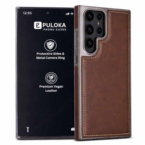 Image of PULOKA Chrome Leather Back Case - Compatible with Samsung Galaxy S25 Ultra - Luxury Bumper Case - Flexible Vegan Leather - Electroplated Sides - Full Camera Protection & Raised Edges - Brown