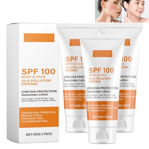Protector solar SPF 100, Sunscreen SPF 100, loción Sunscreen con protección UVA/UVB, crema solar antienvejecimiento para rostro y cuerpo, no graso, resistente al agua, adecuado para todos los tipos de