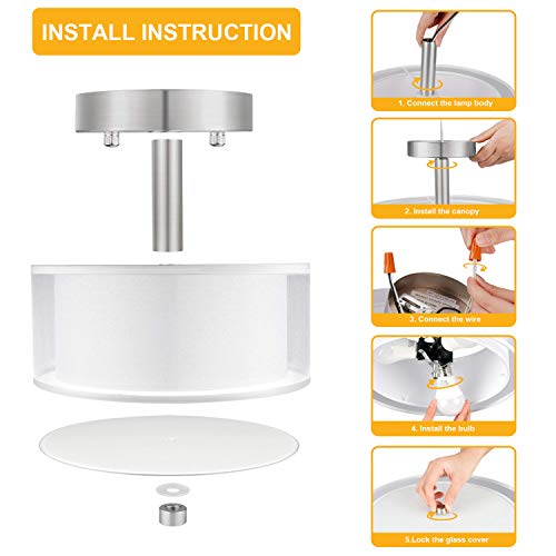 Semi Flush Mount Ceiling Light Fixture, 3-Light Drum Light with Double Fabric Shade, Modern Close to Ceiling Lamps for Living Room, Bedroom, Dining Room, Kitchen, Hallway, Entry, Foyer - Thumbnail 7