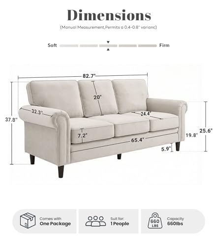 Image of Kingfun 3 Seater Couch, Mid Century Modern Sofa with Rolled Arms and Deep Seats, Fluffy Comfort for Living Room, Apartment, Easy Assembly, Beige