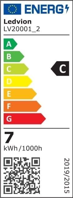 EU Energy Label for Ledvion luminaire, showing an energy efficiency class F and 7 kWh/1000h consumption.