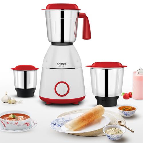 Image of Borosil Best Mixer Grinder, For Wet /Dry Mixing & Grinding, 500 Watts, 3 Jars (400 ml Chutney Jar, 1.2 L Blending Jar, 1 L Grinding Jar), Mixie For Kitchen