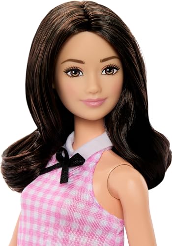 Image of Barbie Fashionistas Doll #224 with Black Wavy Hair, Pink Gingham Dress & Accessories, 65th Anniversary Collectible Fashion Doll