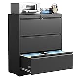 IKIMI 3 Drawer Lateral File Cabinets with Lock,Black Metal Lateral Filing Cabinet for Home Office,Wide Steel Storage Cabinet Commercial Drawer Cabinets for Legal/Letter/A4 Size Files Assembly Required