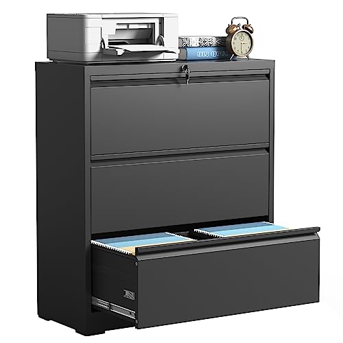 IKIMI 3 Drawer Lateral File Cabinets with Lock,Black Metal Lateral Filing Cabinet for Home...