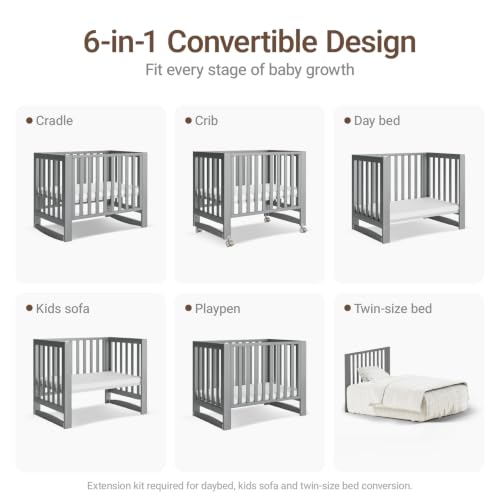 Image of MAMAZING EvoNest 6-in-1 Convertible Baby Mini Crib with Wheels | GREENGUARD Gold Certified, New Zealand Pine Wood, 4 Adjustable Heights, Rocking Mode, Small Spaces Design, Grey