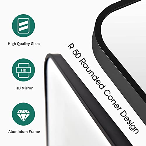 Beautypeak Wall Mirror 20" X 28" Rectangular Bathroom Mirror With Aluminum Alloy Frame, Rounded Corners Hanging Mirror For Living Room Bedroom Bathroom Entryway, Hangs Horizontal Or Vertical, Black #TOP5