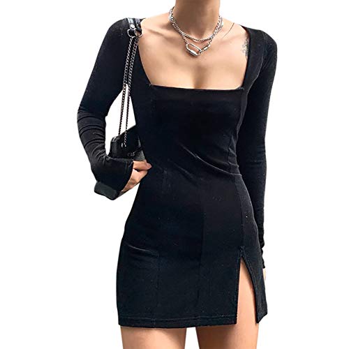 Women’s Sexy Velvet Bodycon Dress Gothic Square Neck Long Sleeve Mini Party Dress Rave Festival Clubwear Black #TOP1