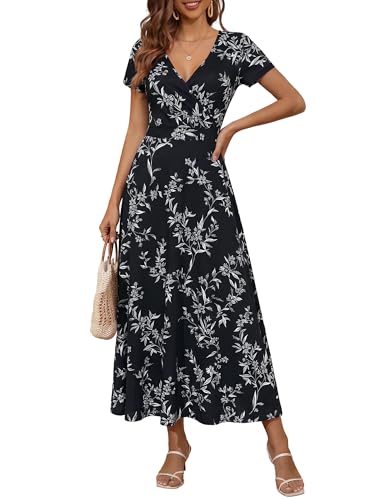 Image of HUHOT Women's Short Sleeve Wrap V Neck Dresses for Wedding Guest Summer Floral Maxi Sundresses with Pockets Boho Dress