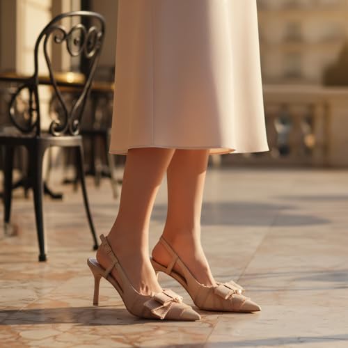 Image of Women's Slingback Heels with Bow Pointed Toe Pumps with Elasticated Strap 3.3 inch High Heels for Evening Dress Shoes