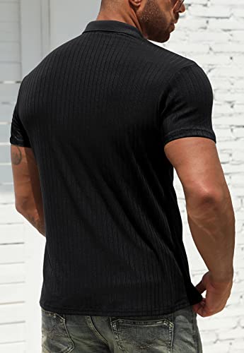 Nitagut Men's Polo Shirts Short Sleeve Performance Slim Fit Zip T-Shirts For Sports Golf Tennis Workout Black, Large #TOP3