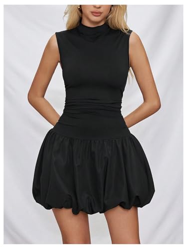 Image of WDIRARA Women's Mock Neck Sleeveless Tank Dress Bubble Sundress Puffy Mini Dresses