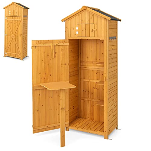 TANGZON 6FT Wooden Garden Shed, Outdoor Storage Shed with Upper Compartment, 3 Detachable Shelves, One-Piece Folding Table, Sloped Asphalt Roof & Lockable Door, Vertical Tool Storage Cabinet (Natural)