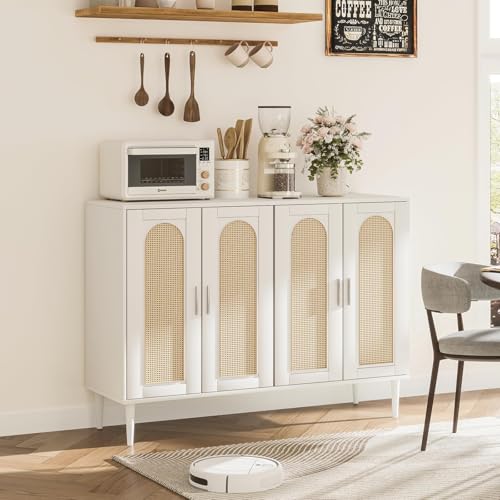 Rattan Buffet Cabinet with Storage,Sideboard Cabinet with 4 Doors and Adjustable Shelves, Console Coffee Bar with Charging Station, Boho Wood Cupboard for Kitchen, Livingroom and Dining Room,Entryway