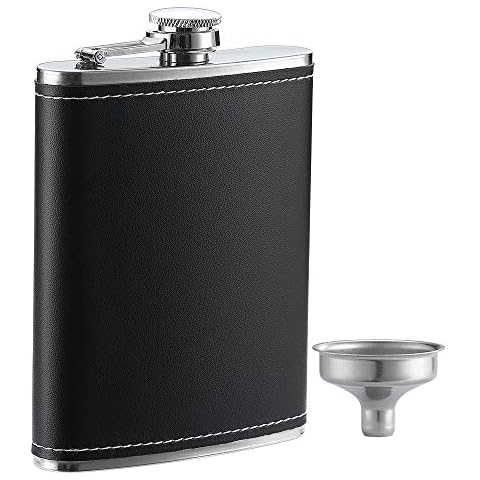 YWQ 1 Pack Flask for Liquor and Funnel, Premium 8 Oz Leak Proof 18/8 Stainless Steel Pocket Hip Flask with Black Leather Cover, Great Gift Idea Flask Cover