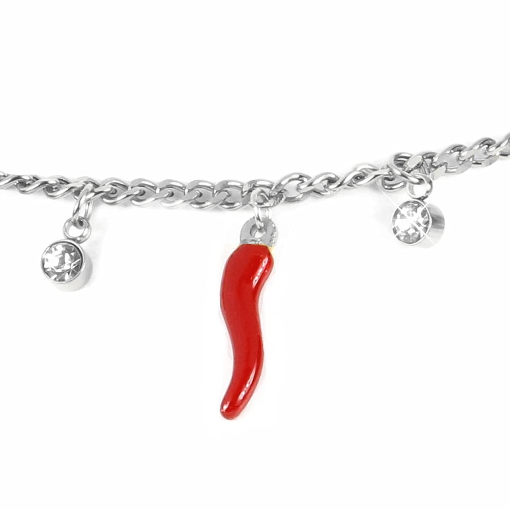 Flowers Collana in Acciaio color Oro o Argento Portafortuna con Ciondolo Corno Rosso, Stelline Cuore e zirconcini Punti luce