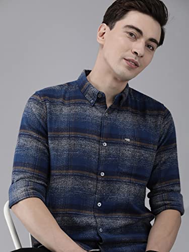 Image of THE BEAR HOUSE Men's Cotton Grey & Blue Checks Slim Fit Shirt | L |TBH-BRIT-GY-L |