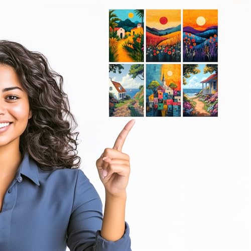 Image of SiddArtify Coastal Landscape Wall Art Prints Set - Colorful House Poster Decor for Living Room Bedroom Office - Set of 2-4x6 Inch - Board (Pack of 6) - Sticker (Pack of 6)
