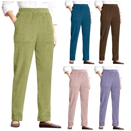 High Waisted Corduroy Pants for Women Elastic Vintage Straight Wide Leg Pants Comfy Lounge Work Trousers with Pocket