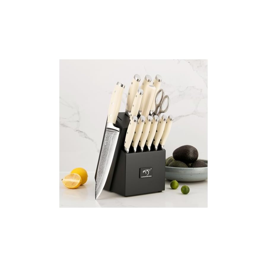 Damascus-Kitchen-Knife-Set-14-Pieces-Kitchen-Knife-Set-with-Block-White-ABS-Ergonomic-Handle-for-Chef-Knife-Set-and-Serrated-Steak-Knives-Knife-Sharpener-and-Kitchen-Shears-Black-Wooden-Block Damascus Kitchen Knife Set, 14 Pieces Kitchen Knife Set with Block, White ABS Ergonomic Handle for Chef Knife Set and Serrated Steak Knives Knife Sharpener and Kitchen Shears, Black Wooden Block
