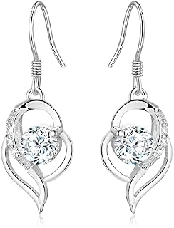 Sterling Silver Drop Earrings for Women: Gamtic 925 Sterling Silver Allergy Free Heart Dangle Earrings with 5A Cubic Zirconia on Birthday Valentines Anniversary for Mother Girlfriend Wife Girls (Silver)