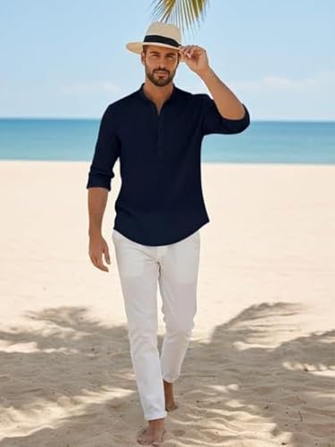 Image of Men's Cotton Blend Straight Kurta Shirt Combo with Mandarin Collar - Slim Fit Casual Short Kurti Set Featuring Textured Slub Fabric and Roll-Up Full Sleeves