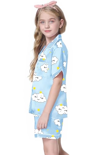 Image of Schbbbta Girls Womens Pajamas, Satin Silky Pjs Set Kids 2Pcs Button-Down Nightwear Sleepwear Gift for Mommy and me