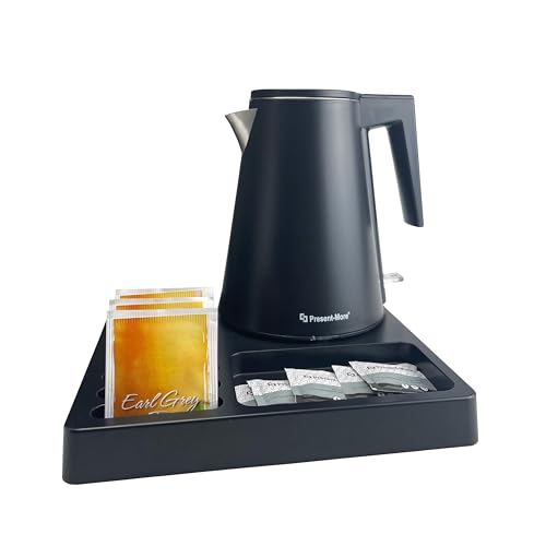 PRESENT-MORE - Set plateau en ABS noir - Contient : Plateau, bouilloire noire - Ensemble bouilloire 24 x 24 cm avec mécanique intégrée 800-1200 W - Idéal pour hôtel et B & B