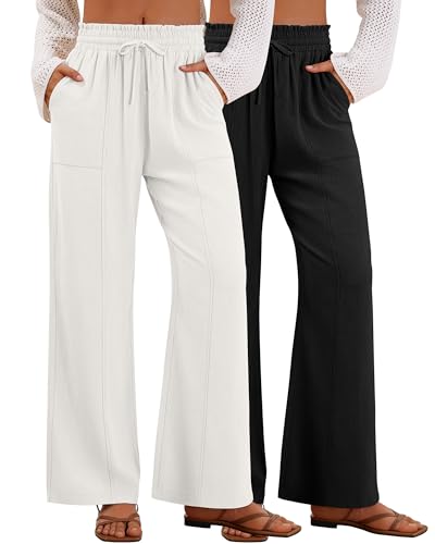 2 Pack Women's Linen Pants Summer Wide Leg Drawstring Elastic Waist Pant Casual Loose Fit Beach Trousers with Pockets